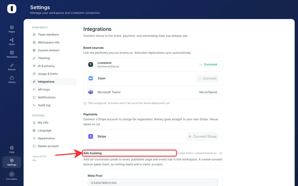 Click to expand “Ads tracking”, then enter the id for each platform you use — a Meta Pixel here is already configured. Google Ads needs both a conversion id and a label; a LinkedIn conversion id needs a partner id. Click “Save tracking” when done.