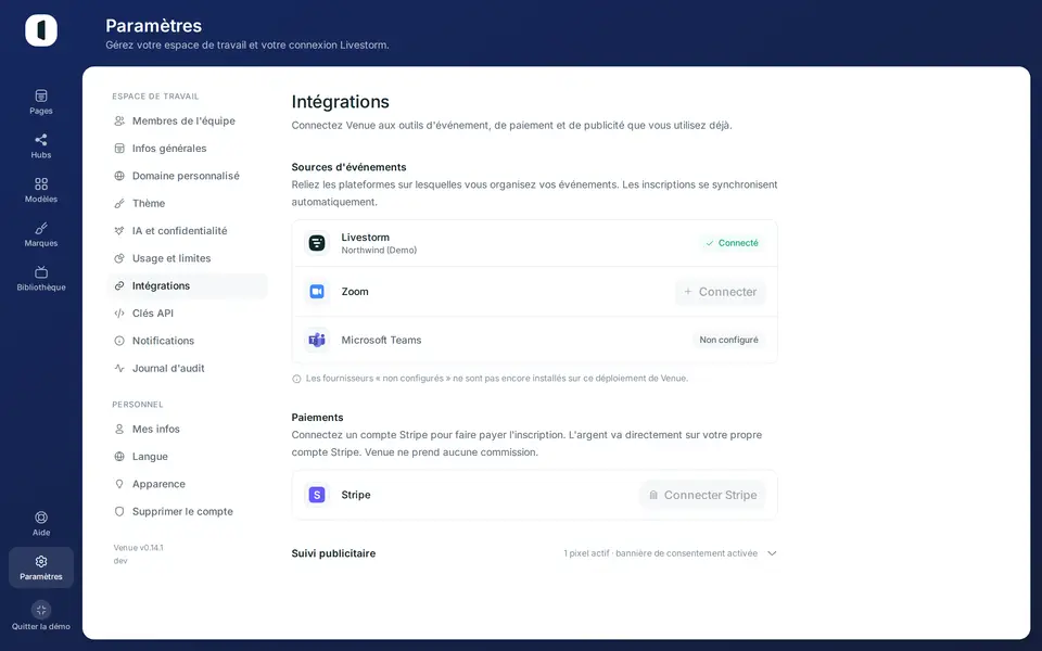 Ouvrez Paramètres → Intégrations. La section « Suivi publicitaire » se trouve tout en bas, repliée ; son résumé indique le nombre de pixels actifs et l’état de la bannière de consentement.