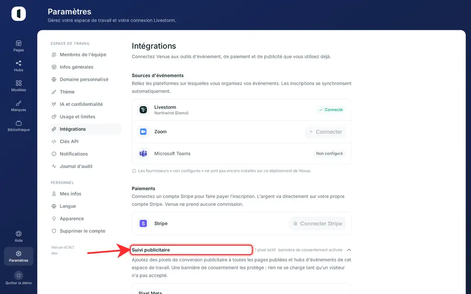 Dépliez « Suivi publicitaire », puis renseignez l’identifiant de chaque plateforme que vous utilisez — un Pixel Meta est déjà configuré ici. Google Ads exige un identifiant de conversion ET un libellé ; un identifiant de conversion LinkedIn nécessite un ID partenaire. Cliquez sur « Enregistrer le suivi ».