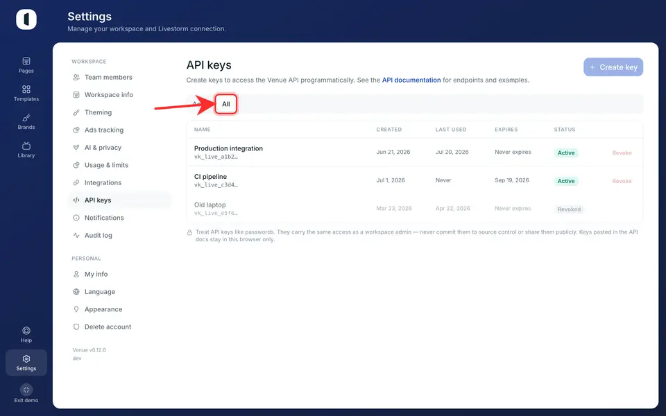 Switch to All to see revoked or expired keys alongside active ones.