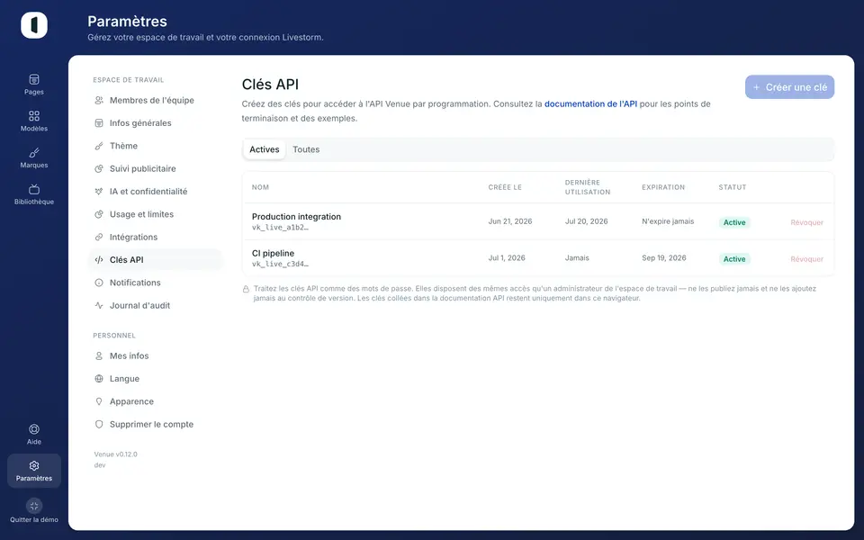 Ouvrez Paramètres → Clés API. Seuls les admins de l’espace de travail peuvent gérer les clés.