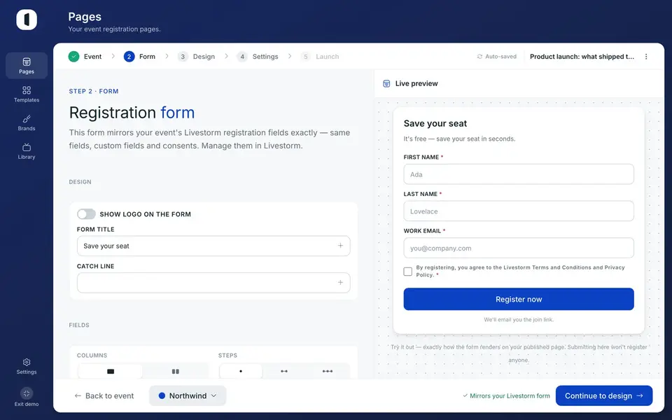 The “Register now” button switched from ACME purple to Northwind blue.
