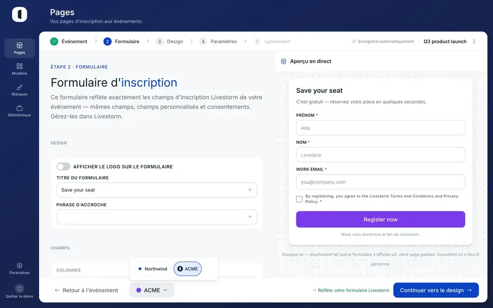 Dans la barre du bas du builder, cliquez sur la marque actuelle pour ouvrir le sélecteur. Toutes les marques de votre espace de travail y apparaissent.