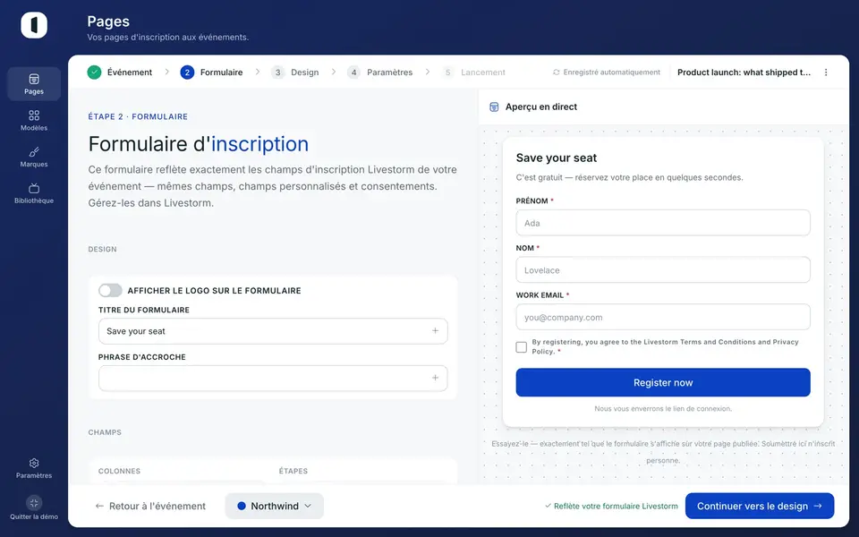 Le bouton « Register now » est passé du violet ACME au bleu Northwind.