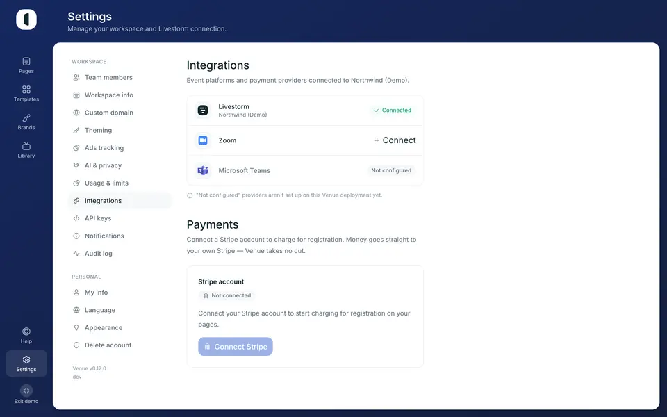 Open Settings → Integrations. On the Zoom row, click “Connect” (workspace admins only).