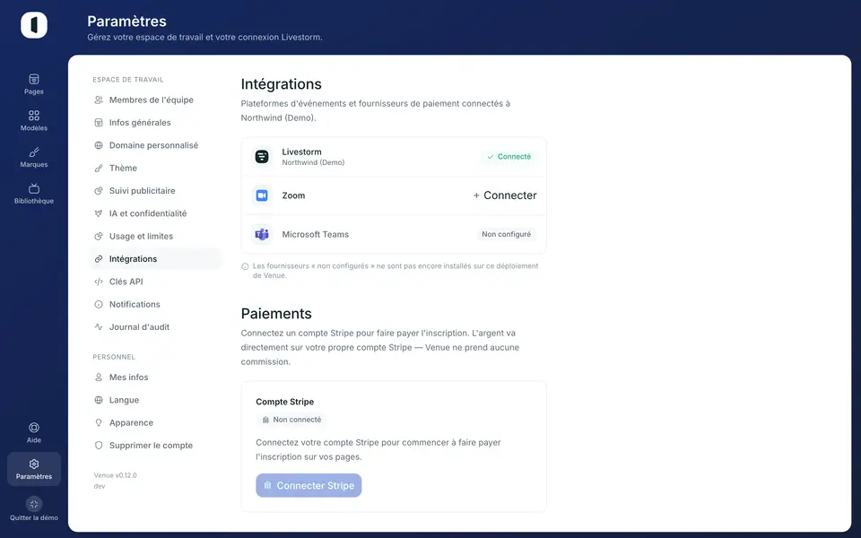 Ouvrez Paramètres → Intégrations. Sur la ligne Zoom, cliquez sur « Connecter » (administrateurs de l'espace de travail uniquement).