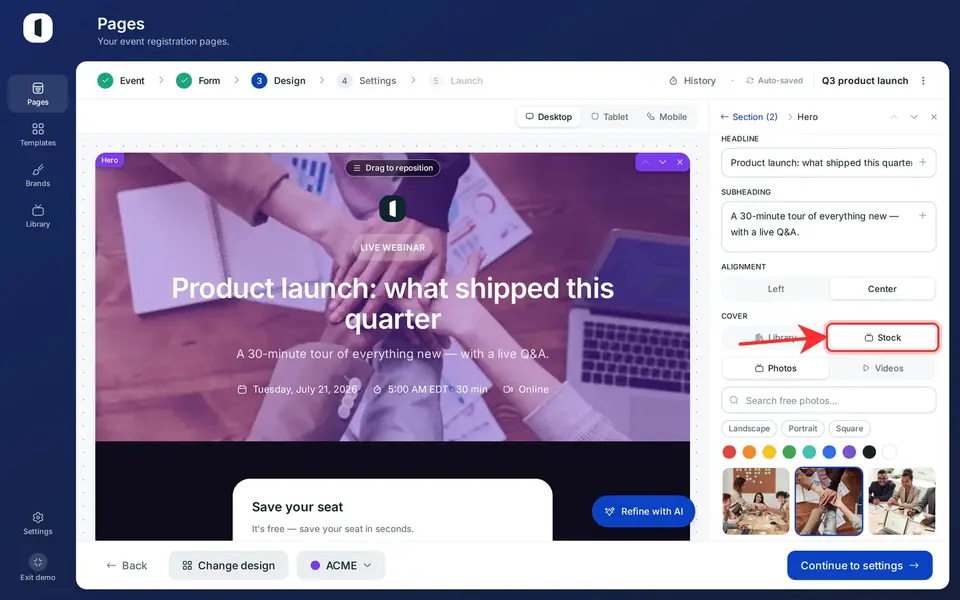 Switch to the “Stock” tab to search free Pexels photos and videos: filter by media type, orientation and color, then click a result to apply it.