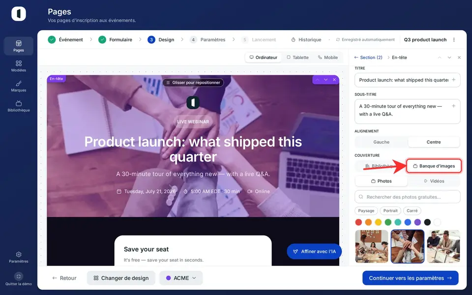 Passez sur l'onglet « Stock » pour rechercher des photos et vidéos libres de Pexels : filtrez par type de média, orientation et couleur, puis cliquez sur un résultat pour l'appliquer.