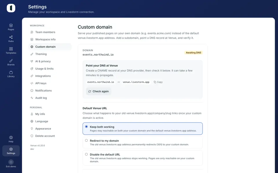 The domain moves to “Awaiting DNS” and Venue shows the CNAME record to create at your DNS provider. Copy the target and add it as a CNAME for your subdomain.