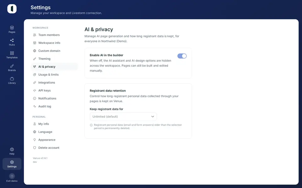 Open Settings → AI & privacy. Registrant data retention is the second card, below AI page generation.