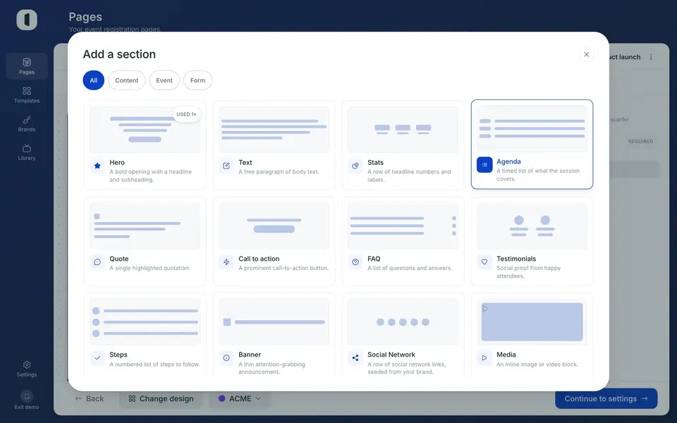 Click “Add section” to insert a new block, then reorder the sections by dragging them in this panel.