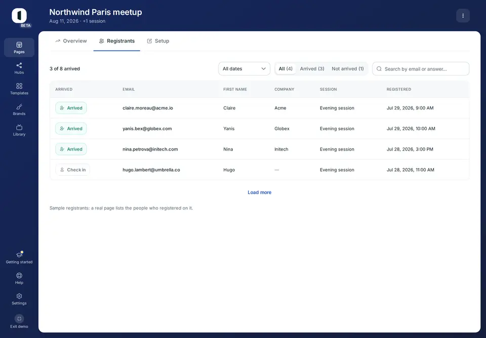 Open the “Registrants” tab of an in-person page. The table gains an “Arrived” column, and the counter at the top reads “N of M arrived”.