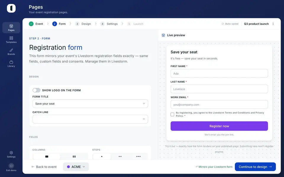Open your page in the builder, on step 2 · Form. The Columns setting is in the Layout card, below the field list.