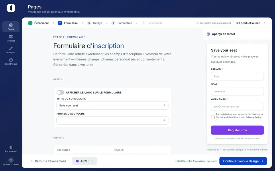 Ouvrez votre page dans le builder, à l'étape 2 · Formulaire. Le réglage Colonnes se trouve dans la carte Mise en page, sous la liste des champs.