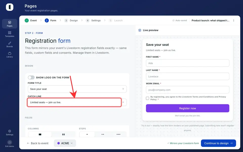 Custom title and catch line, visible right away in the live preview.