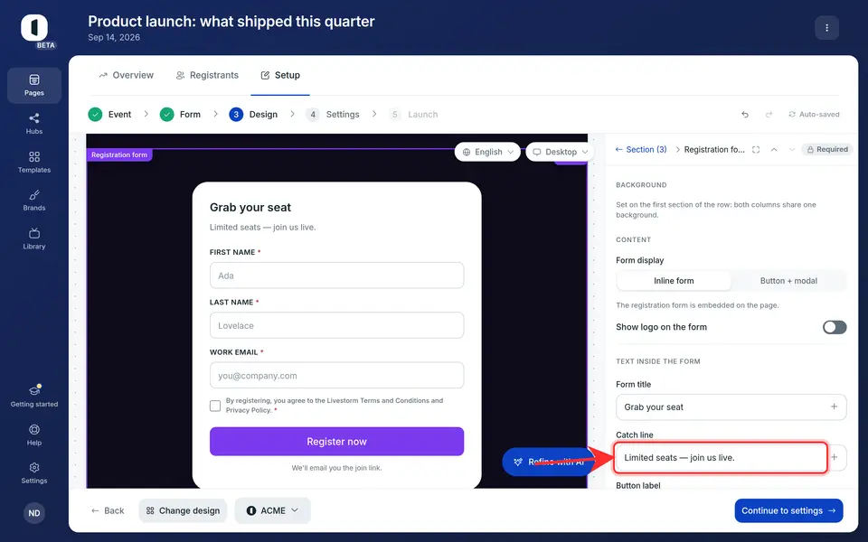Custom title and catch line, visible right away in the live preview.