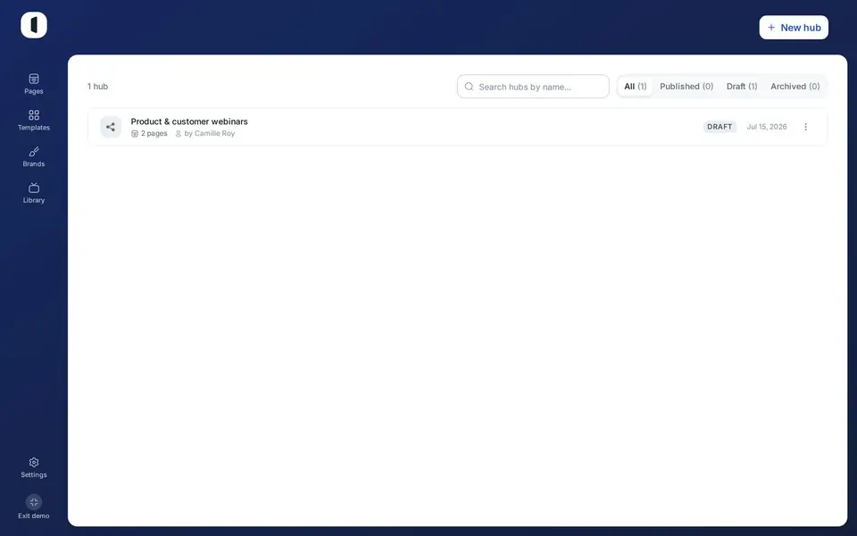 Open the Hubs tab of the dashboard, then click “New hub”. The hub is created right away — there is no wizard — and opens in its editor.