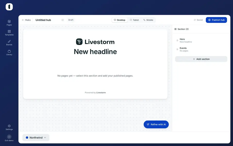 A hub’s editor: a hero and an empty Events section, ready to fill.