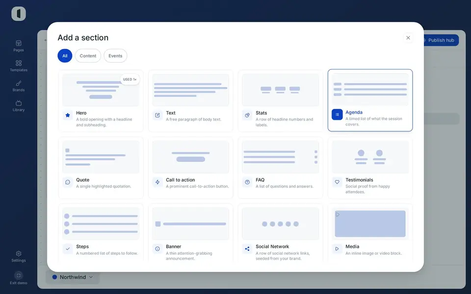 Add or reorder sections with “Add section” on the right — the Events section is the one that lists your pages (see “Choose and organize a hub’s pages”).
