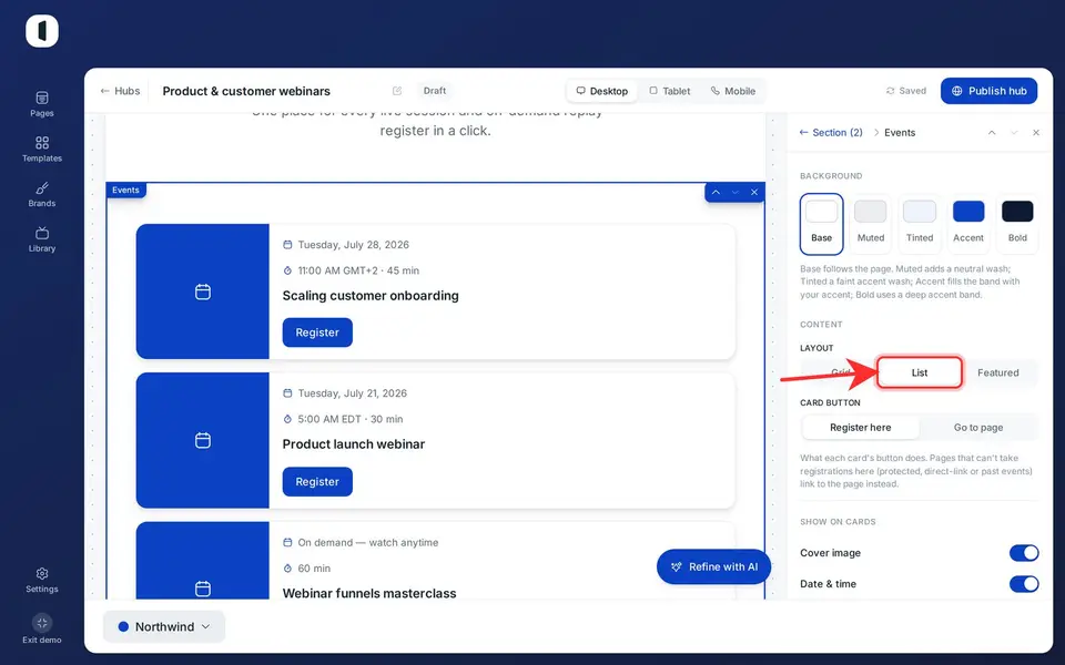 Choose the card layout: Grid, List or Featured.