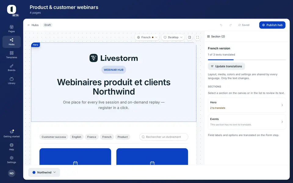 Pick a version: the canvas shows the hub as its visitors will see it in that language, and the right panel becomes the translation overview, how far along it is, and each section with its own status.