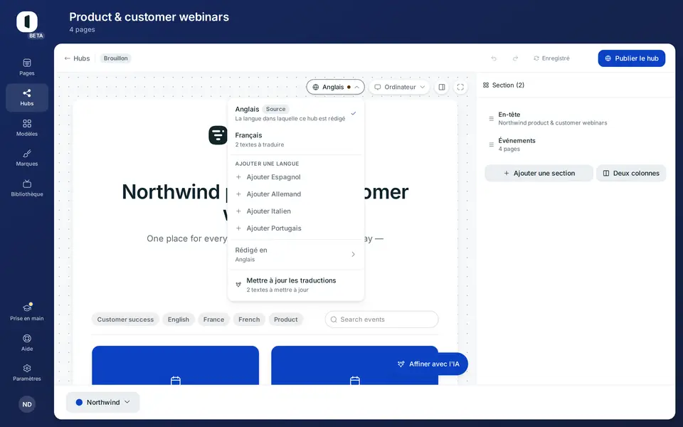 Ajouter une langue rédige tout le hub avec l’IA. Vous relisez ensuite chaque texte.