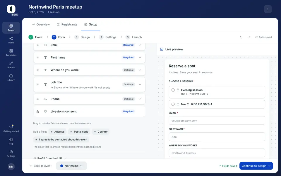 Add what you need from “Add a field”: phone, job title, company, address, postal code, country, or a consent checkbox. One click adds it to the form, and its chip leaves the list. “Remove field”, in the open row, takes one back out.