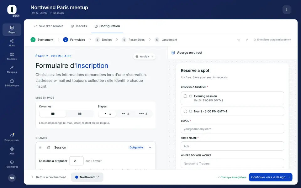 À l'étape 2 · Formulaire d'une page en présentiel, la liste est votre formulaire. L'e-mail est toujours là, il identifie chaque inscrit, et « Ajouter un champ », en bas, propose le reste.