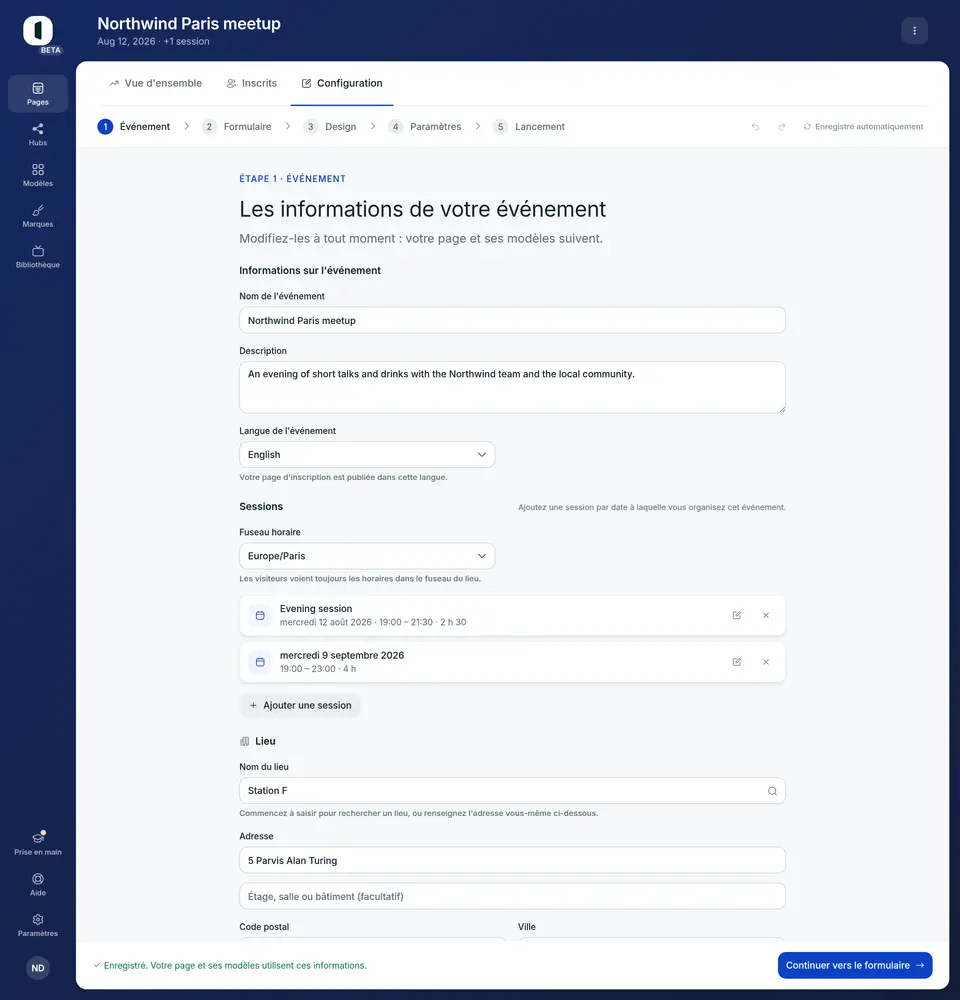 Renseignez les informations : nom, description et langue de l'événement. La page d'inscription est publiée dans la langue choisie ici.