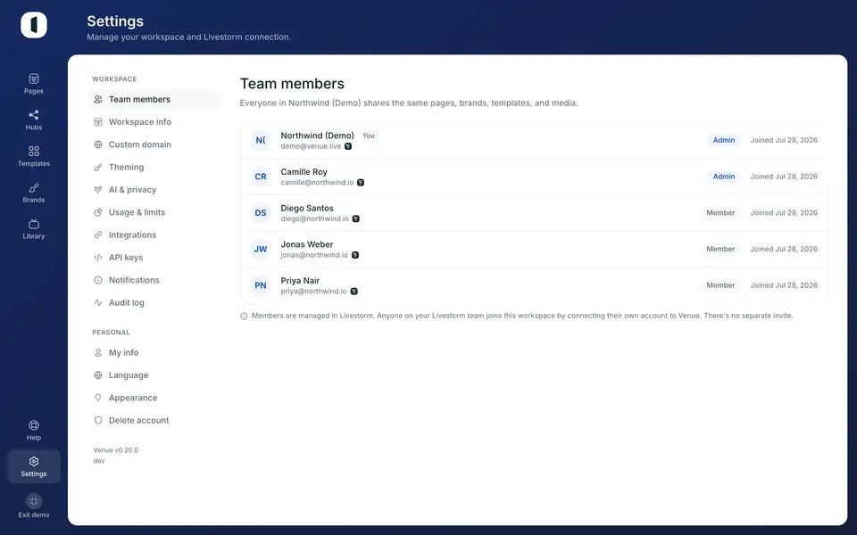 Open Settings → Team members. One row per person, with their email, role and join date.
