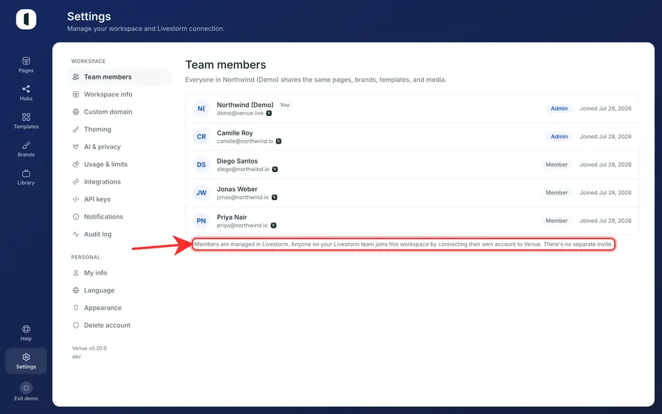 Roles are derived from Livestorm, so there is no invite button.
