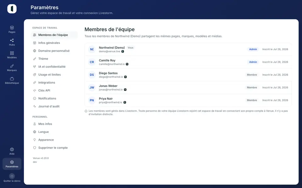 Ouvrez Paramètres → Membres de l'équipe. Une ligne par personne, avec son e-mail, son rôle et sa date d'arrivée.
