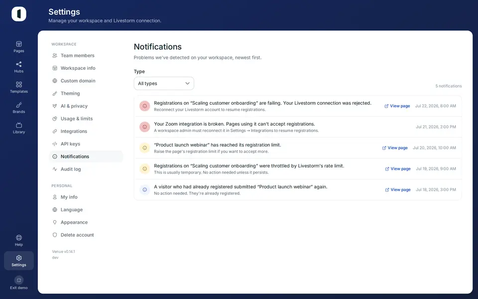 Open Settings → Notifications. Problems are listed newest first, each with a colored dot: red for an error to fix, amber for a warning, blue for information.