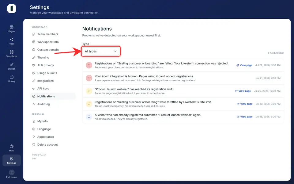 Use the “Type” filter to narrow to a single category — connection rejected, registration full, rate limited, and so on. The counter on the right shows how many notifications match.
