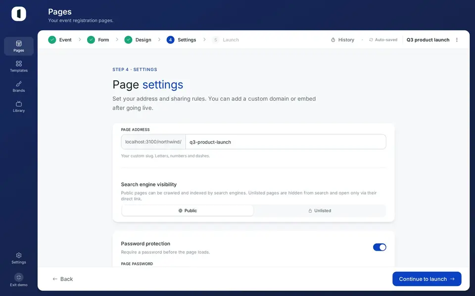 Open your page in the builder, on step 4 · Settings. Each rule is its own block with its own switch.