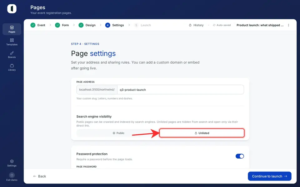 In the visibility block, choose “Public” (crawlable and indexable by search engines) or “Unlisted” (hidden from search, reachable only via its direct link).