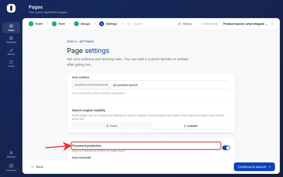 Turn on “Password protection” to require a password before the page loads, then enter it — at least 8 characters. The eye button reveals it.