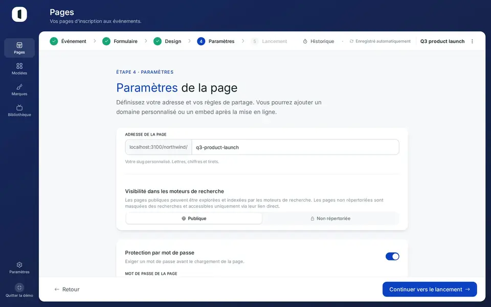 Ouvrez votre page dans le builder, à l'étape 4 · Paramètres. Chaque règle est un bloc distinct, avec son propre interrupteur.