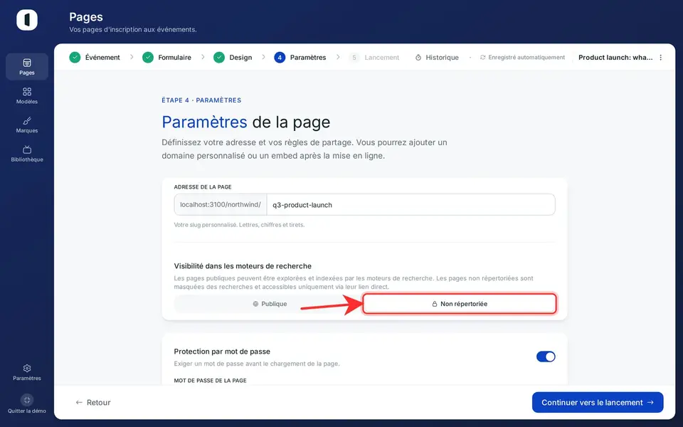 Dans le bloc Visibilité, choisissez « Publique » (explorable et indexable par les moteurs de recherche) ou « Non répertoriée » (masquée des recherches, accessible uniquement via son lien direct).