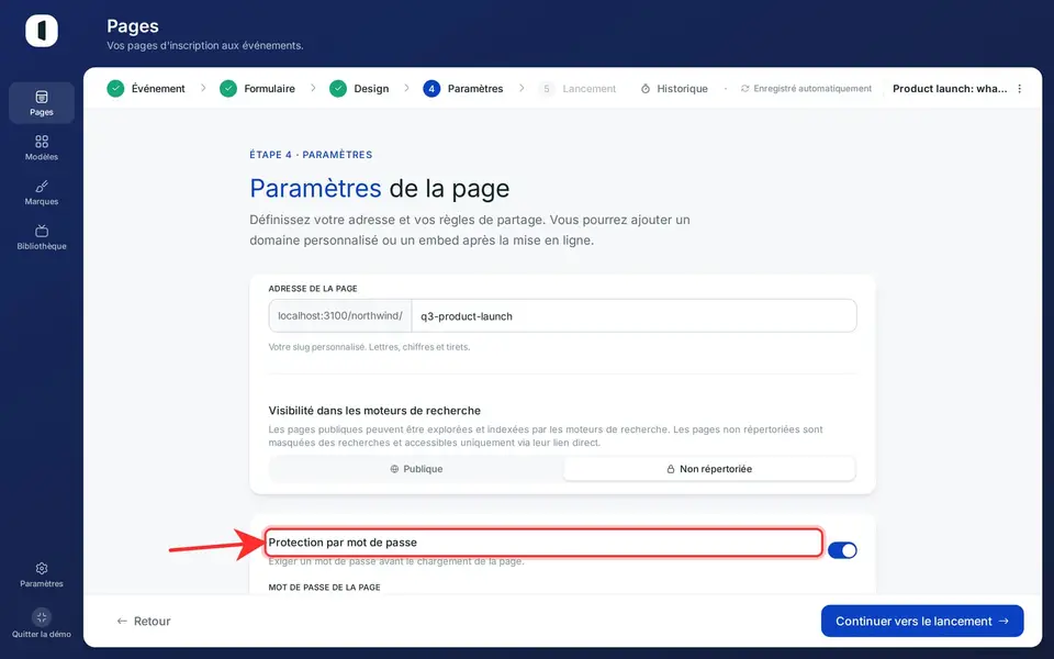 Activez « Protection par mot de passe » pour exiger un mot de passe avant le chargement de la page, puis saisissez-le — au moins 8 caractères. Le bouton œil permet de le révéler.