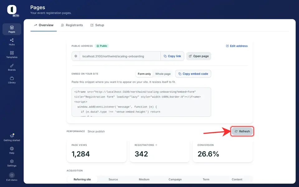 Conversion is the ratio of registrations to views. Click “Refresh” to update the figures.