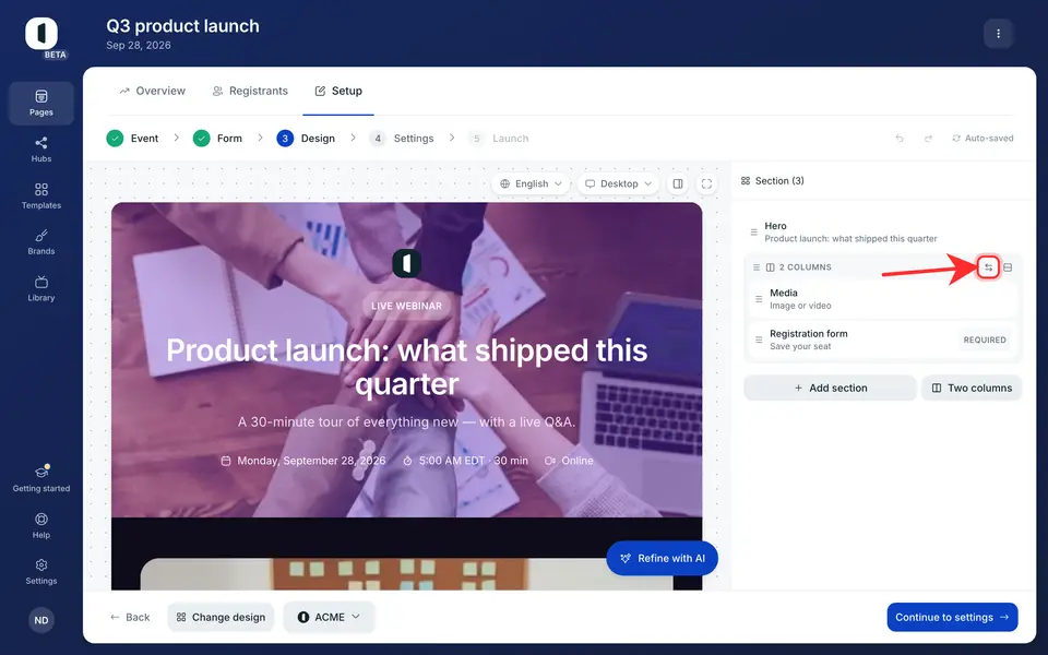 The header also carries two actions: swap the two columns, or split the row back into full-width sections. To take a single section out, drag it out of the block, into a gap between rows: it becomes full width again.