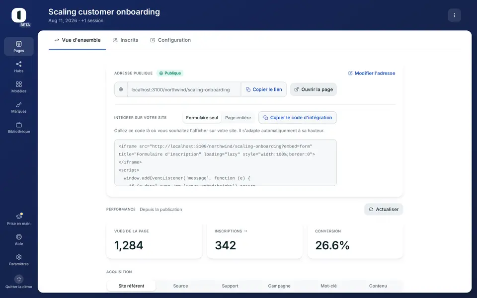 Ouvrez une page publiée, sélectionnez l'onglet « Vue d'ensemble », puis repérez le bloc « Intégrer sur votre site ».