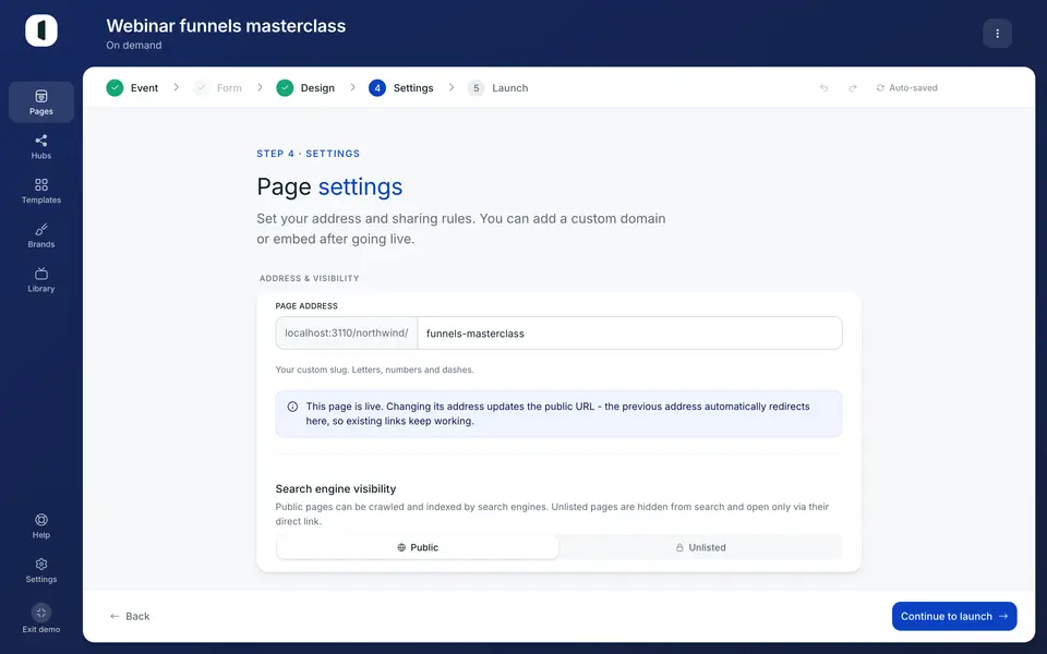 Then open your page in the builder, on step 4 · Settings. The Payment group sits below the access rules.