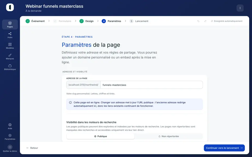 Ouvrez ensuite votre page dans le builder, à l'étape 4 · Paramètres. Le groupe Paiement se trouve sous les règles d'accès.