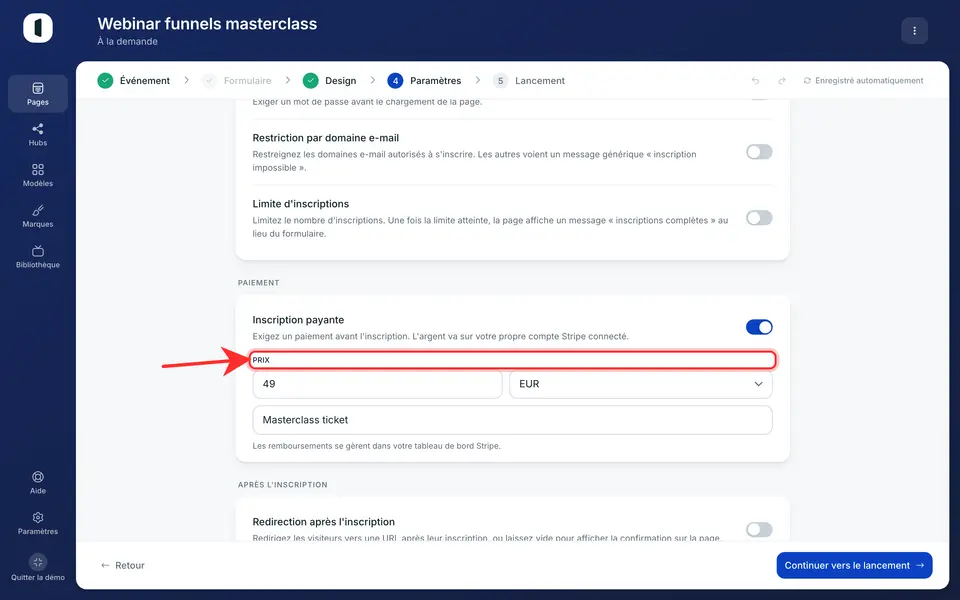 Un billet à 49 € intitulé « Masterclass ticket », prêt à publier.