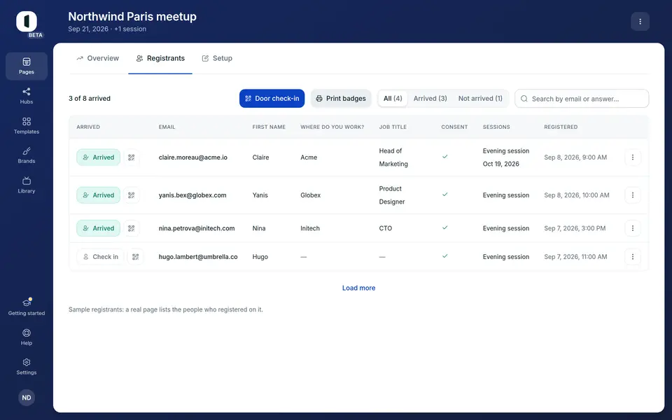 On the “Registrants” tab of an in-person page, click “Print badges”. The button carries the date filter showing at the time, so a one-day door prints that day only.