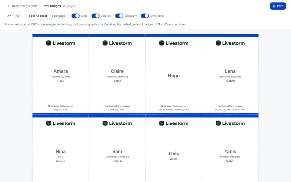 The print view stacks one badge per registrant, alphabetically: your logo and accent color, their name, their job title and company when you collect them, and the event with its venue.