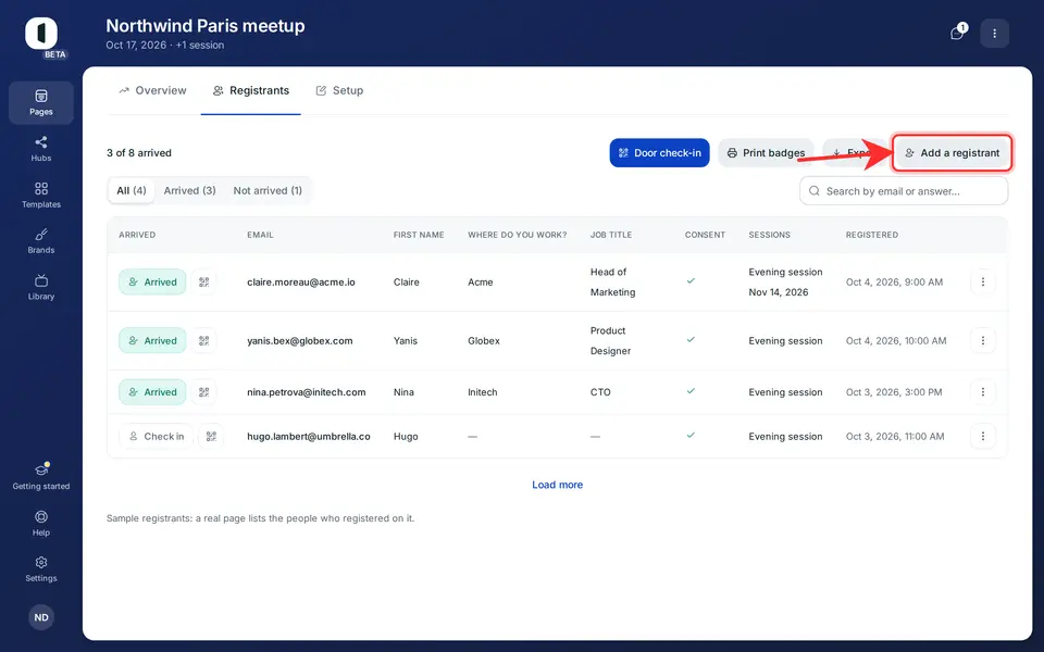 Open the “Registrants” tab of a published in-person page. “Add a registrant” sits with the other actions above the table.