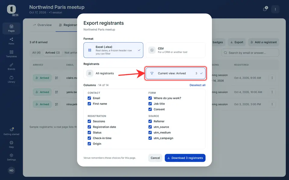 Under “Registrants”, keep “All registrants”, or choose “Current view” to export only what the table shows right now: the result of your search or, on an in-person page, of an arrival filter. Each option gives its row count.